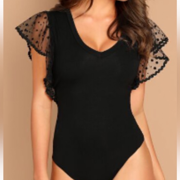 SHEIN Tops - SHEIN Body Contouring Black Lace a polka Dot Bodysuit, Size Medium, NWOT